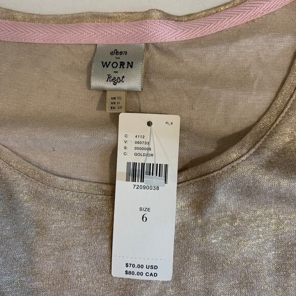 Seen Worn Kept T Shirt Womens 6 Gold Metallic Linen Blend Short Sleeve Crew Neck - Picture 7 of 11